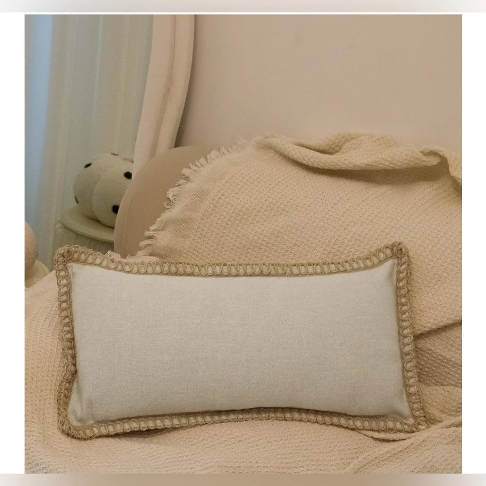 NEW Burlap Lumbar Pillow Cover 12 x 24” Trimmed Tailored